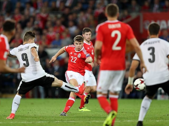 Wales' Ben Woodburn scores his side's first goal during the 2018 FIFA World Cup Qualifying, Group D match at the Cardiff City Stadium