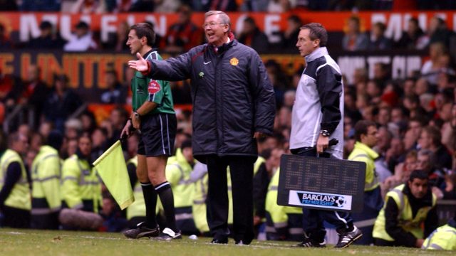 Sir Alex Ferguson was hit by pizza after Manchester United ended Arsenal's 49-match unbeaten run (Neal Simpson/Empics)