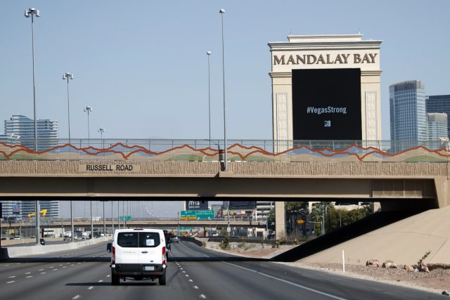 President Donald Trump's motorcade passes the Mandalay Bay Resort and Casino 