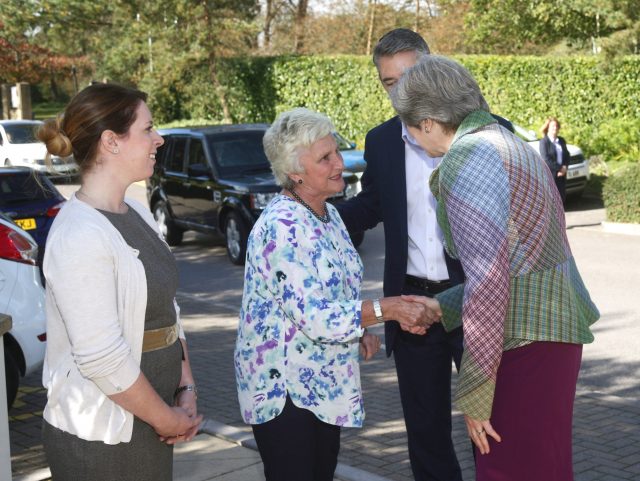 Theresa May arrives for a Macmillan Cancer charity coffee event in Reading (Yui Mok/PA)