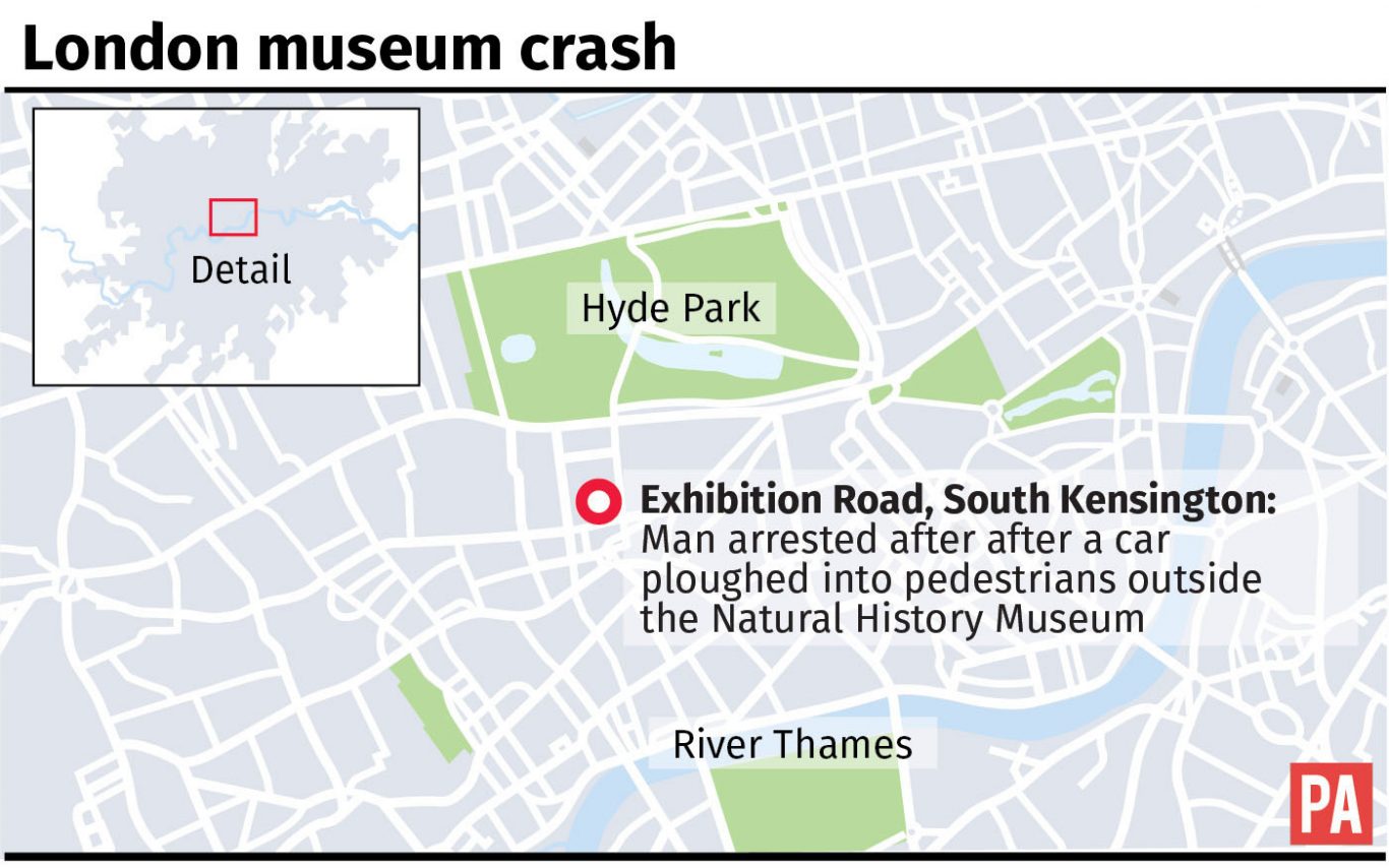 Map locates where a car hit people near the Natural History Museum in London