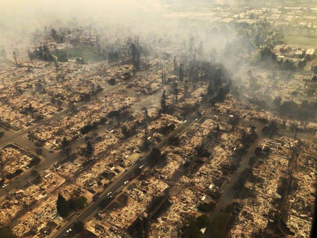 Aerial photo showing some of the hundreds of homes destroyed in a wind-driven wildfire that swept through Santa Rosa
