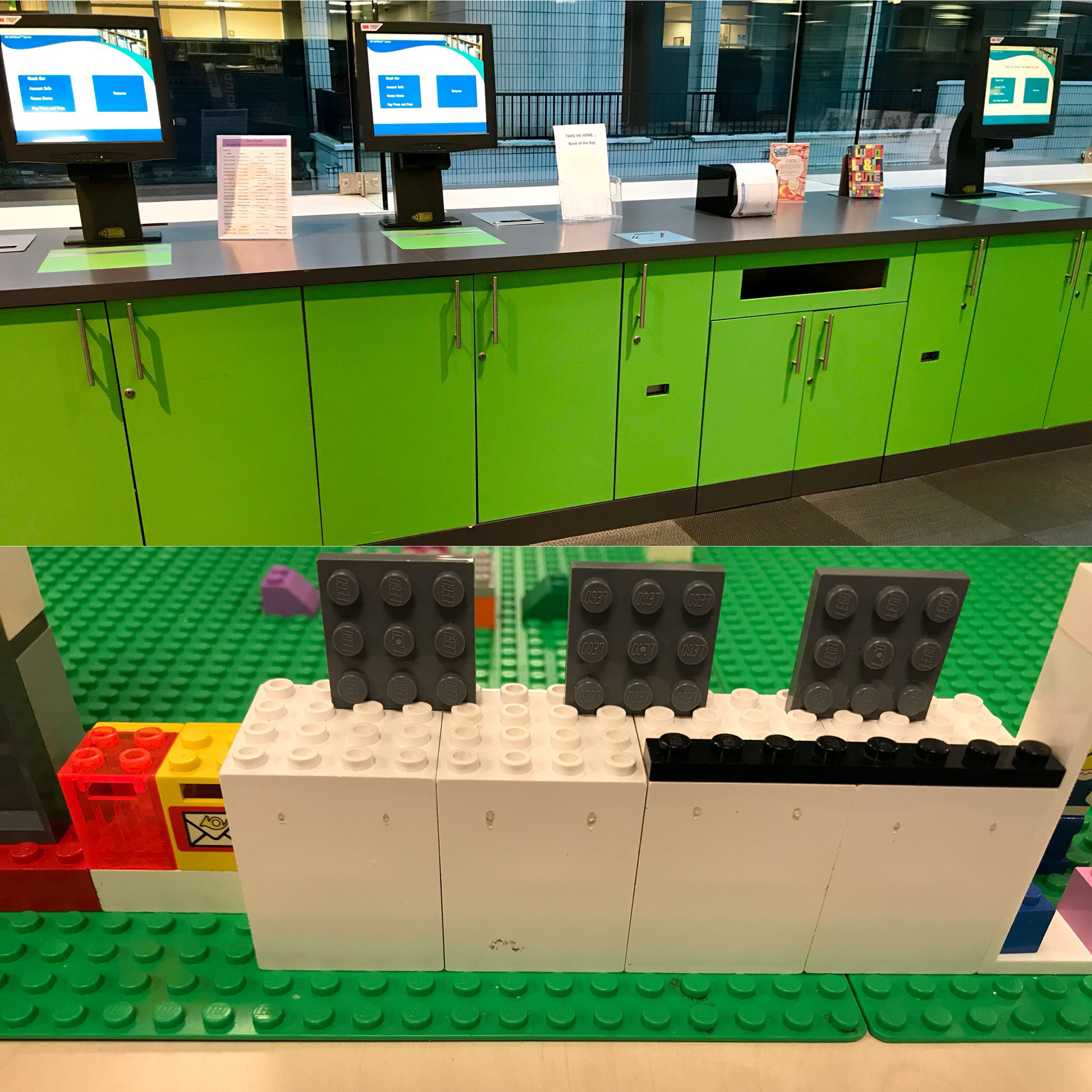 The Lego replica of the self service machines at Halton Lea library (Halton Libraries)