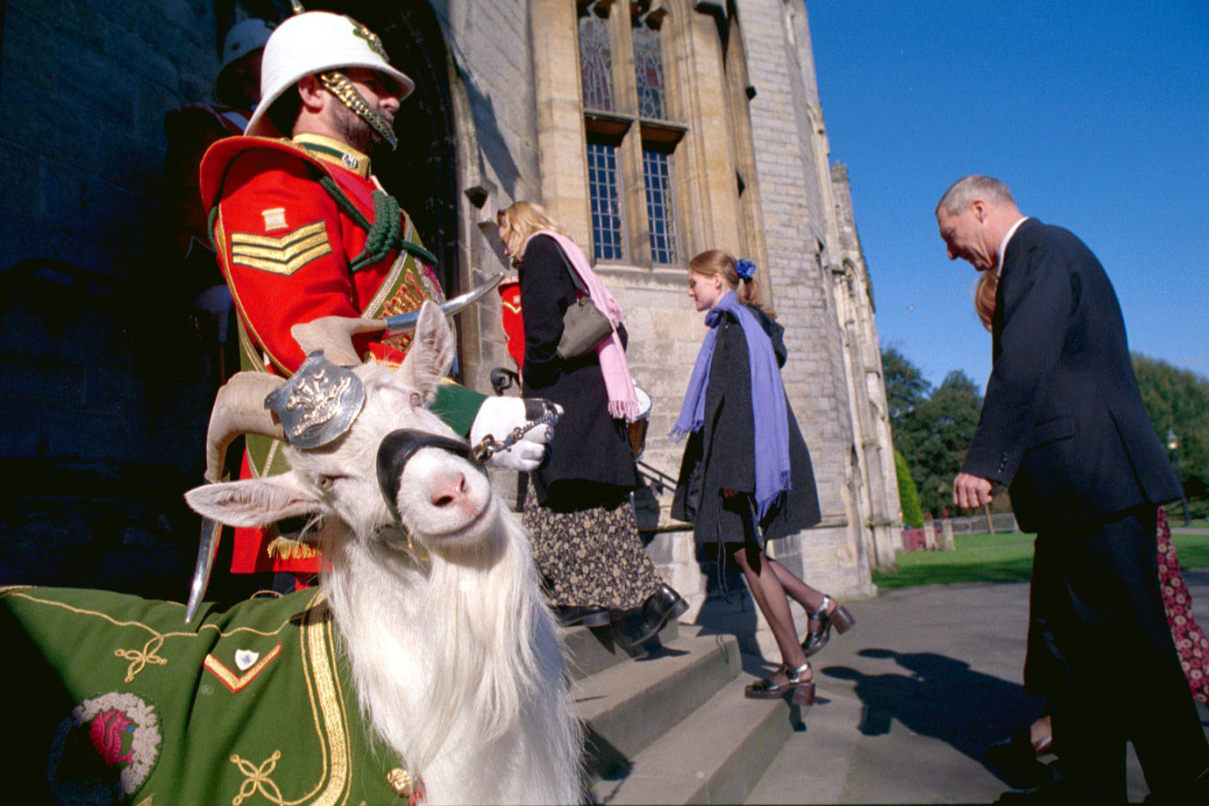 Shenkin the goat stands guard at the entrance to Cardiff Castle in 2000 (Scott Ramsey/PA)