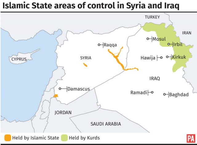 Islamic State areas of control in Syria and Iraq