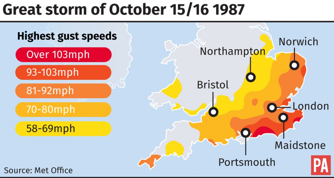 The areas worst hit by wind in the Great Storm of 1987