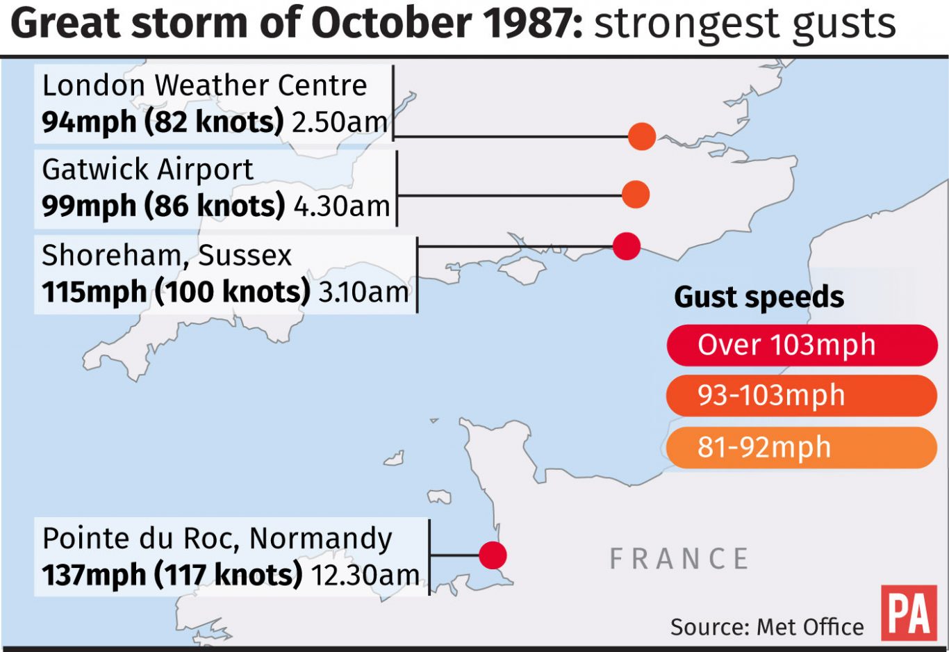 Map locates the strongest gusts during the Great Storm of 1987