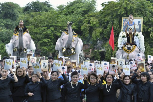 Mourners clad in black stand in front of the elephants