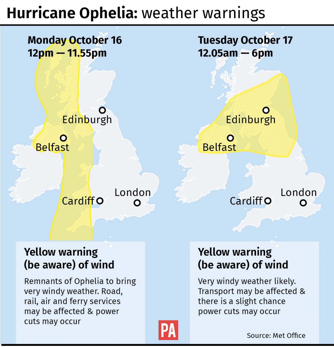 Graphic maps yellow warnings of wind from the Met Office