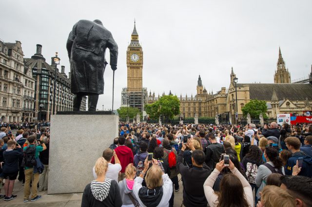 Onlookers gathered outside the Palace of Westminster as Big Ben's bongs rang out for the last time before renovation work began (PA)