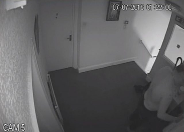 CCTV of Jeffrey Barry knocking on the door of Kamil Ahmad's flat