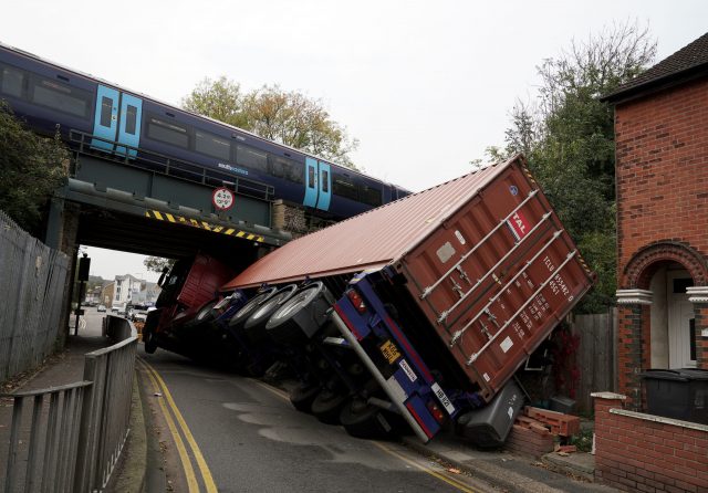 An articulated lorry which hit a bridge in Coombe Valley Road, Dover