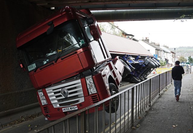 An articulated lorry which hit a bridge in Coombe Valley Road, Dover