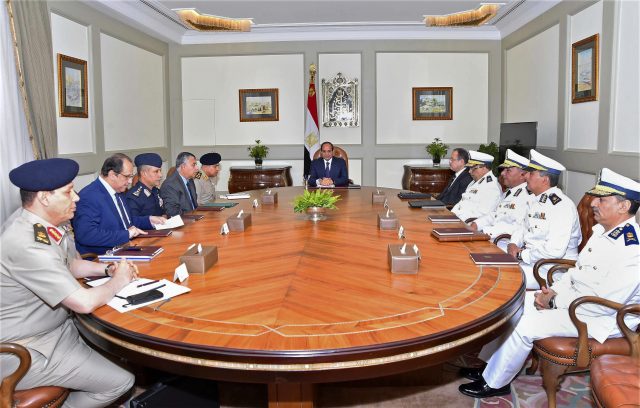 Abdel-Fattah el-Sissi, centre, chairs a meeting attended by the country’s top security officials in Cairo