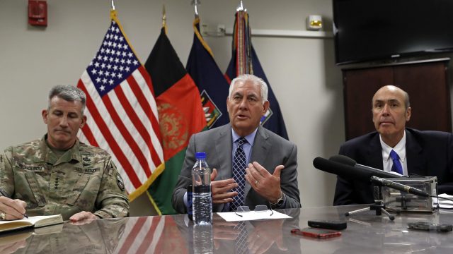 Rex Tillerson speaks during a media availability, with Gen. John Nicholson