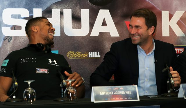 Anthony Joshua and promoter Eddie Hearn during the press conference at Wembley Stadium, London.