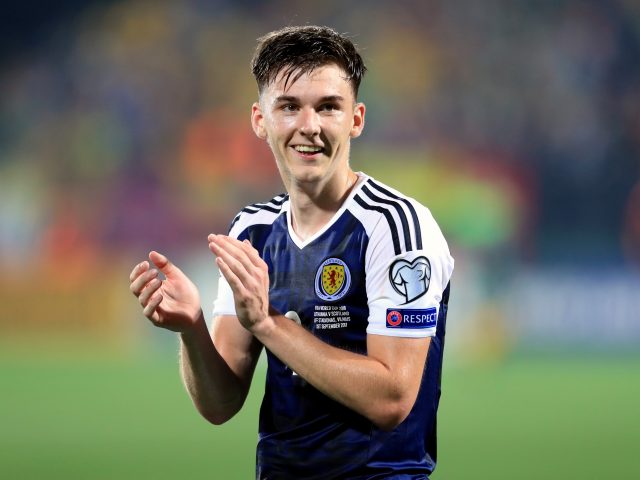 Scotland full-back Kieran Tierney applauds fans