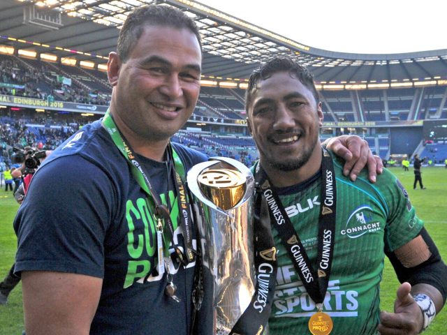Pat Lam and Bundee Aki celebrate with the trophy after winning the   Pro12 Grand Final in 2016 