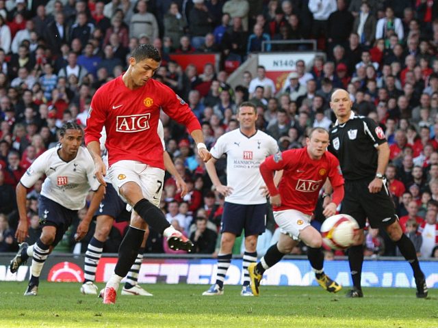 Cristiano Ronaldo scores a penalty for Manchester United