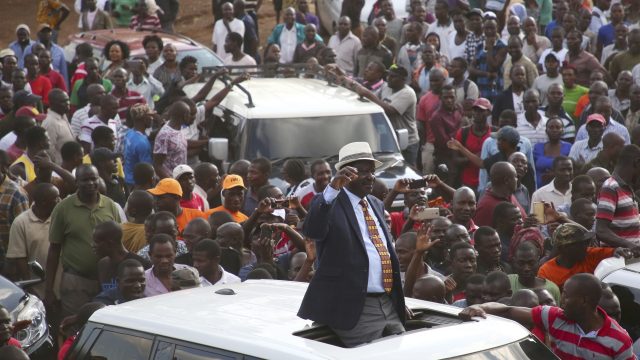 Kenyan opposition leader Raila Odinga addresses his supporters