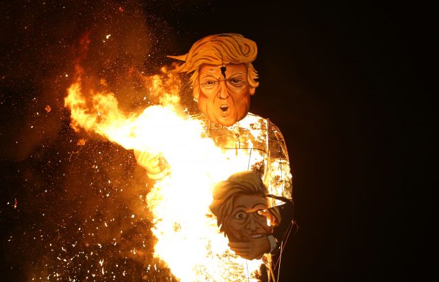 A Donald Trump effigy is set on fire in Edenbridge