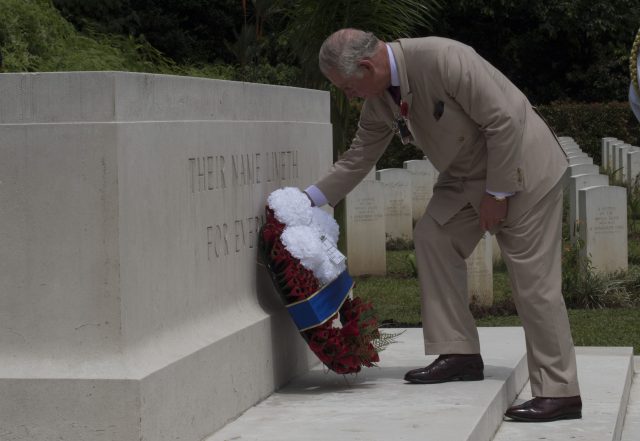 Charles lays a wreath at the Stone of Remembrance.