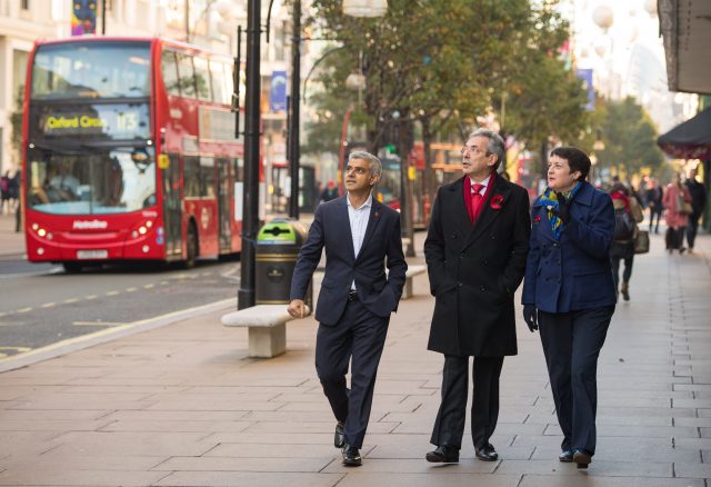 Mayor of London Sadiq Khan, left, Deputy Leader of Westminster Council Robert Davis and Deputy Mayor of London for Transport Val Shawcross on Oxford Street