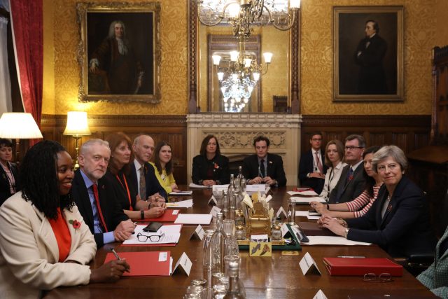 Labour Party Leader Jeremy Corbyn (second left) and Prime Minister Theresa May (right) discuss sexual abuse claims with Westminster party leaders