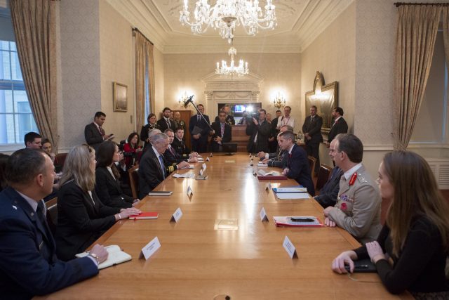 Gavin Williamson and James Mattis attend a bilateral meeting at the Ministry of Defence in London