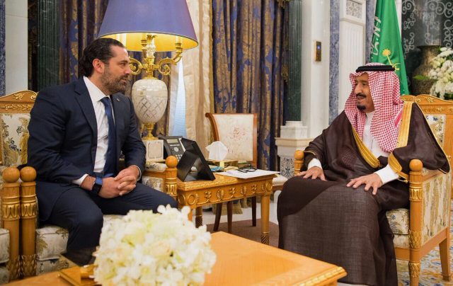 Saudi King Salman, right, meets with outgoing Lebanese Prime Minister Saad Hariri in Riyadh, Saudi Arabia