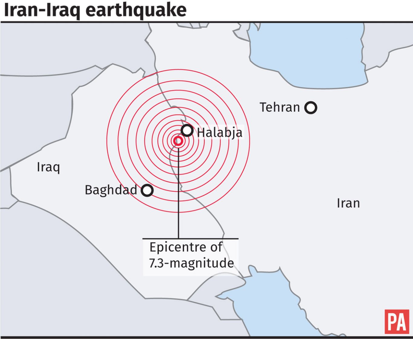 Graphic locates epicentre of 7.3-magnitude earthquake on the border of Iran and Iraq