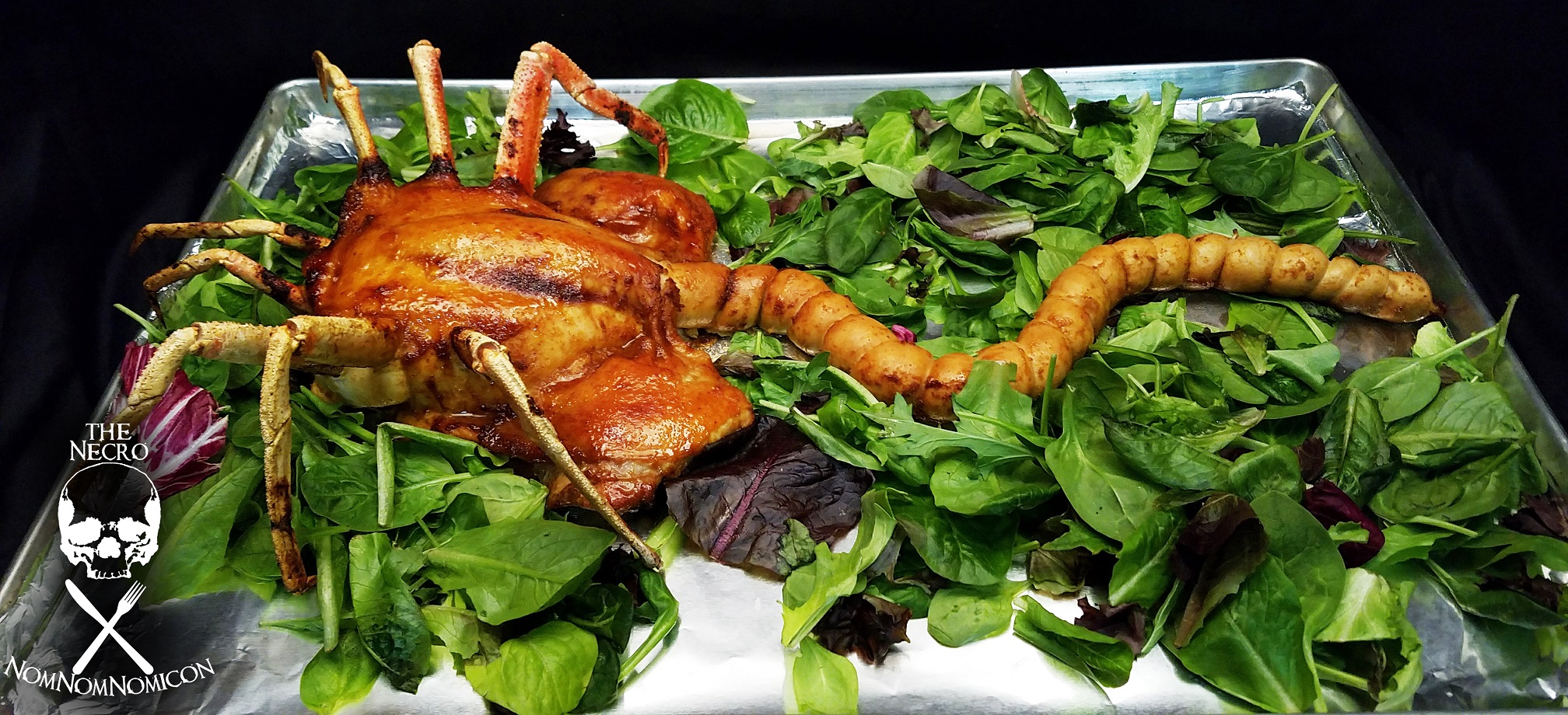 An edible Facehugger made from food such as chicken and crab