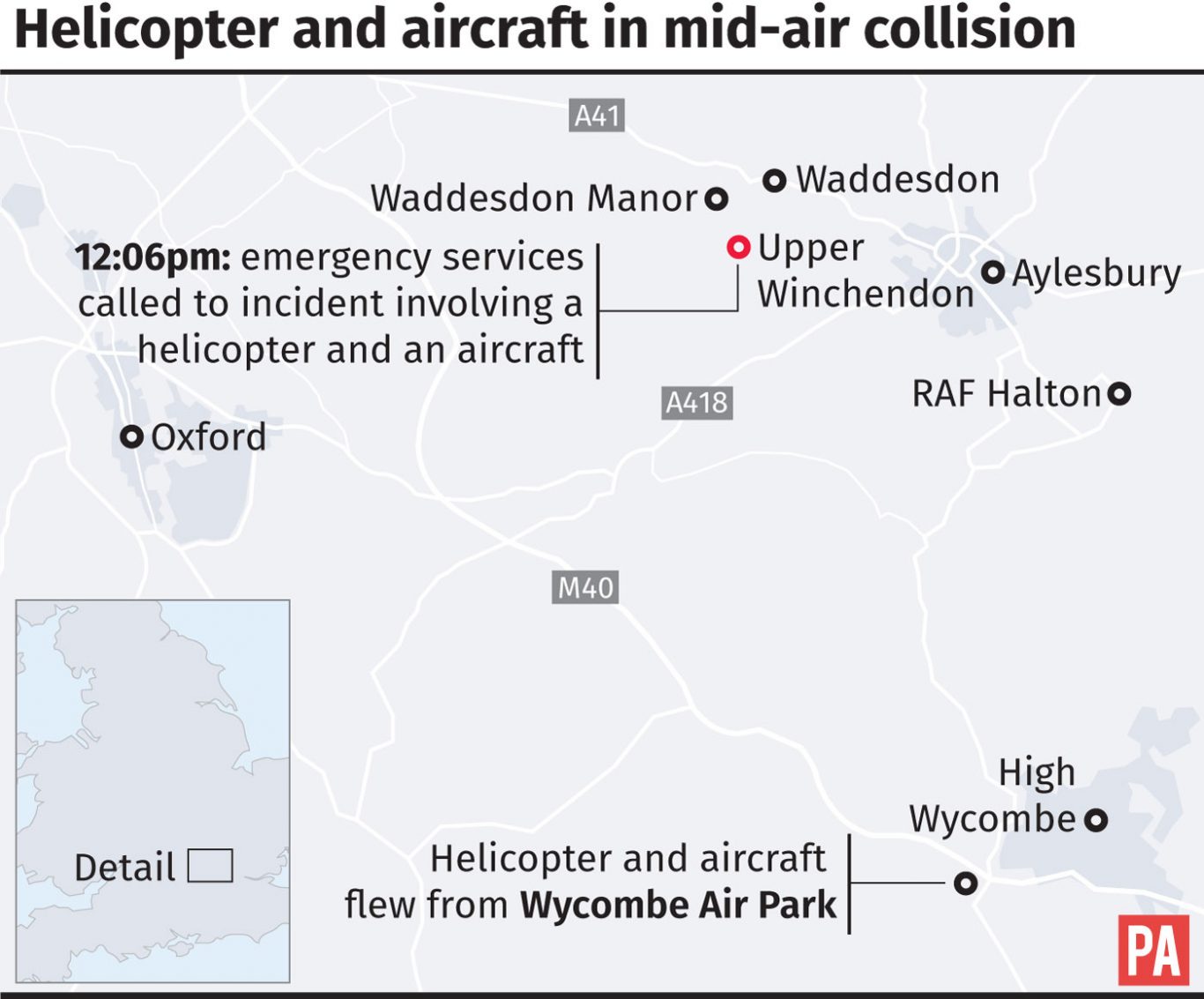 Key locations in the mid-air collision between a helicopter and an aircraft