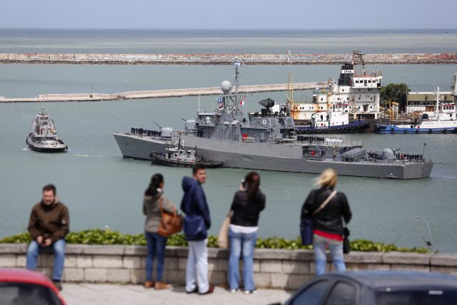 A ship sails off the naval base in Mar del Plata, Argentina, as part of a search effort to find the missing submarine