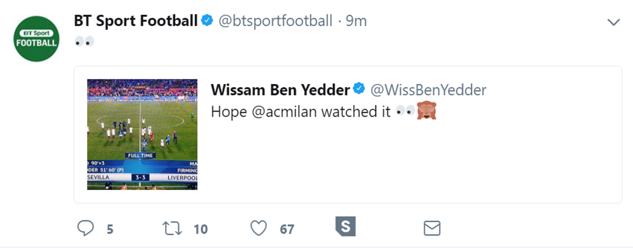 A screen grab from BT Sport's Twitter account of Ben Yedder's tweet