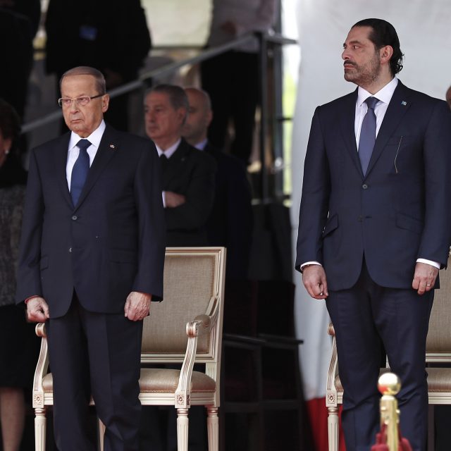 President Michel Aoun and Prime Minister Saad Hariri attend an Independence Day parade