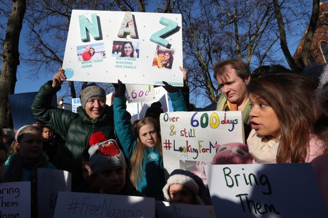Richard Ratcliffe, the husband of Nazanin Zaghari Ratcliffe who is detained in Iran, is joined by supporters including actress Emma Thompson (left) and Tulip Siddiq MP (right) in Hampstead, north London before setting out on a march to deliver a petition calling for her release from prison