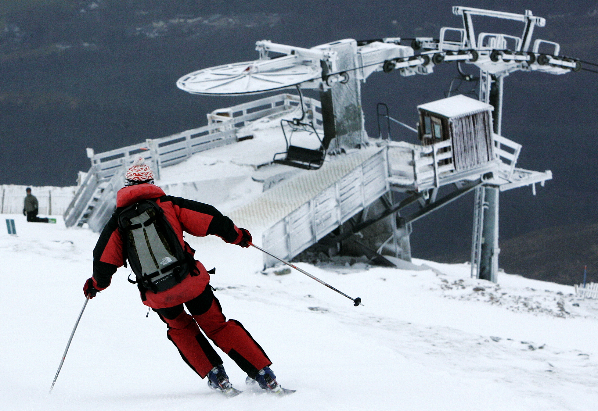 Skiers and snowboarders enjoy some of the best skiing conditions in Europe at the moment at the Nevis Range near Fort William as a result of the January snowfalls. The 'Back Corrie' at Aonach mor is an off-piste expanse with cornices, drop-offs and ridges, making it an ideal location for enthusiasts of the latest extreme winter sports crazes to perfect their skills. (Andrew Milligan/PA)