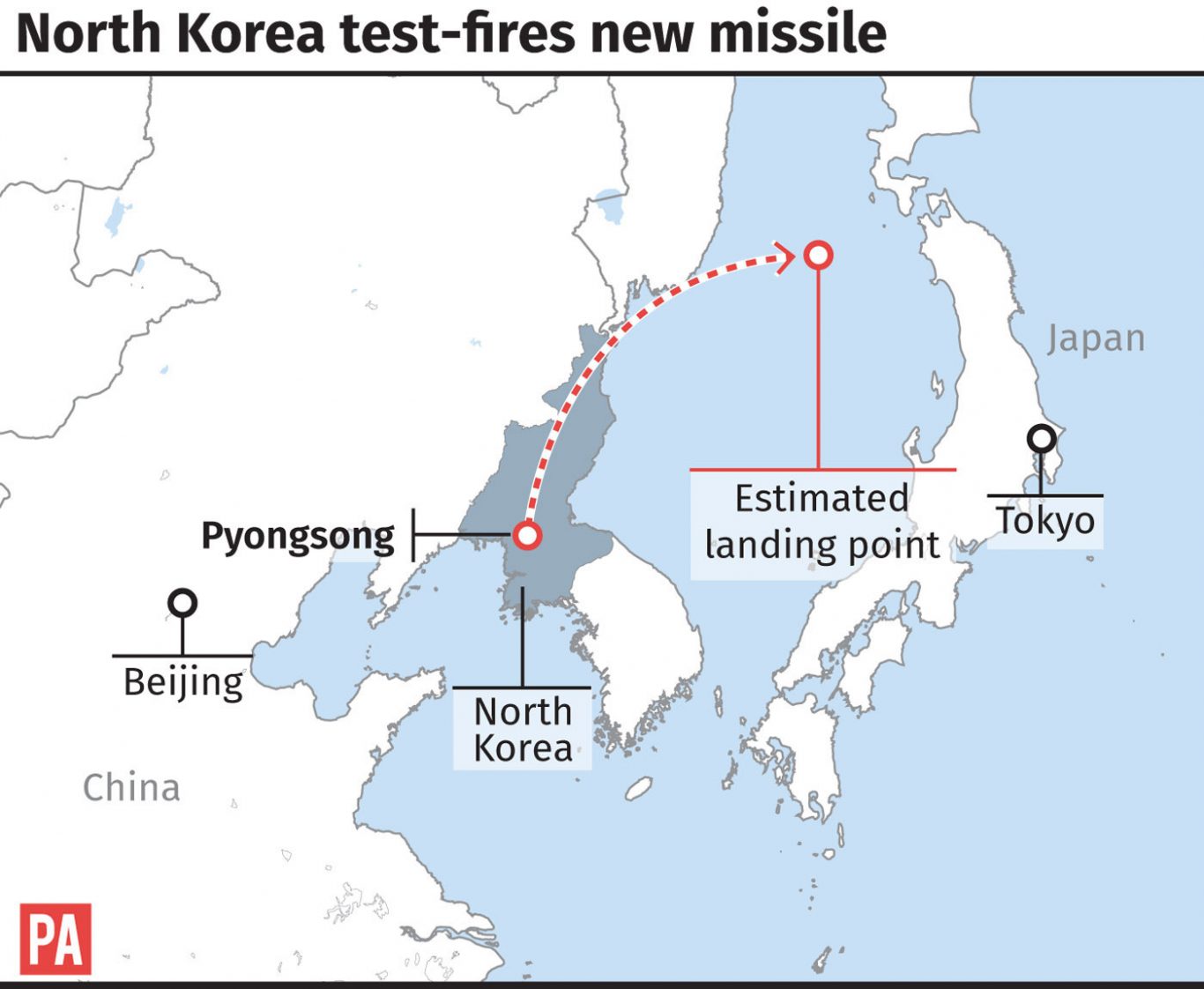Approximate flight path and landing area of North Korea's latest missile test firing