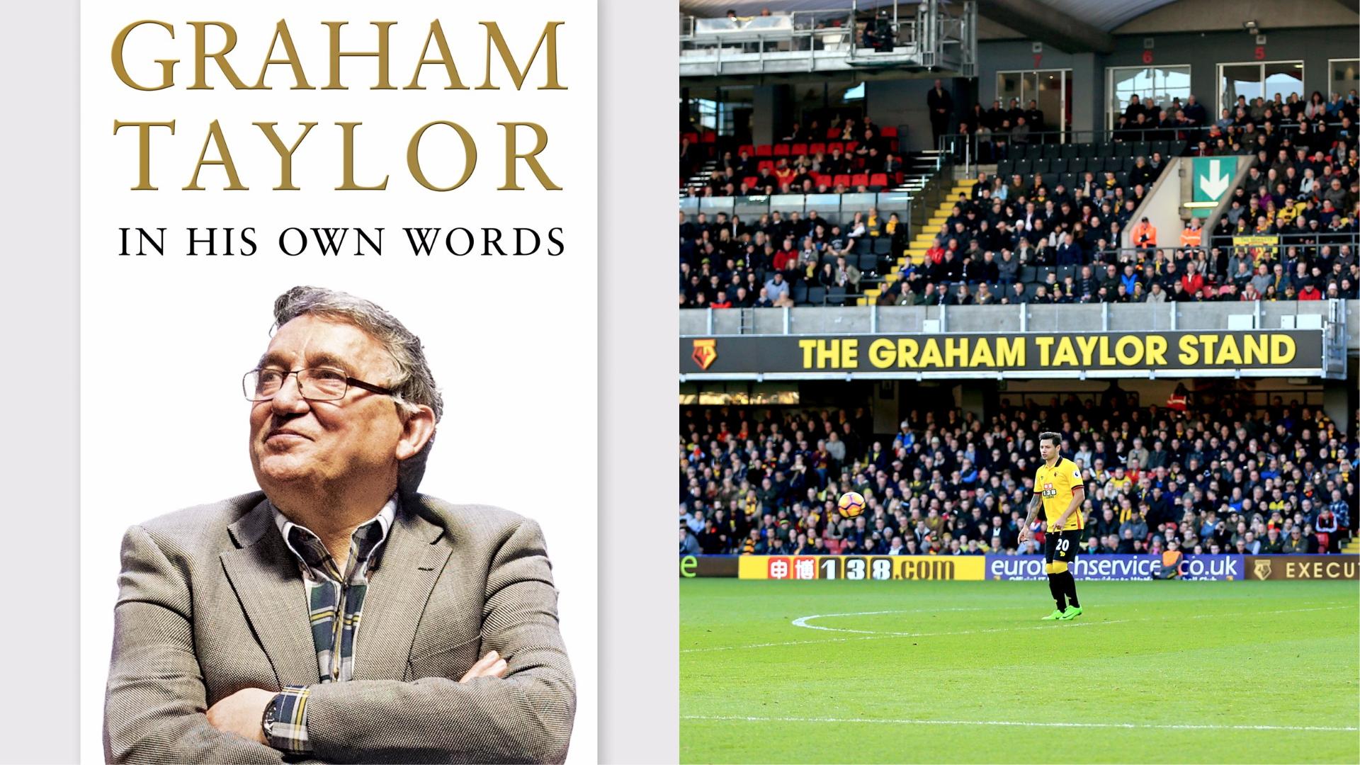 Graham Taylor's autobiography and an image of the Graham Taylor stand at Vicarage Road