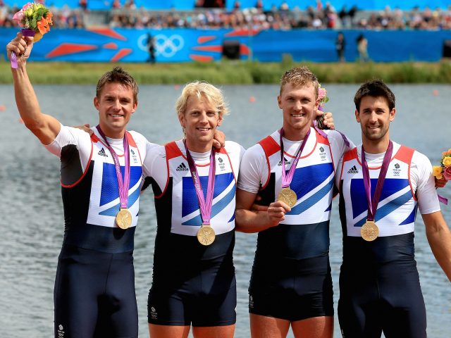 Great Britain's Men's Four of (left to right) Pete Reed, Andrew Triggs Hodge, Alex Gregory and Tom James celebrate winning gold at London 2012 (Stephen Pond/PA)