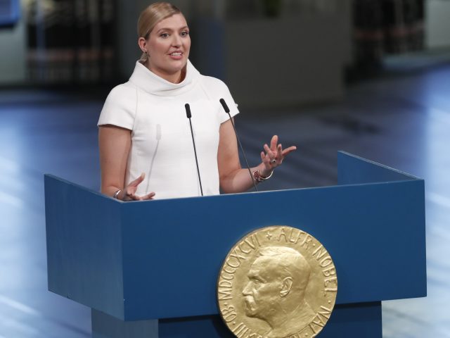 Beatrice Fihn accepted the prize along with Setsuko Thurlow (Terje Bendiskby/NTB scanpix via AP/PA)