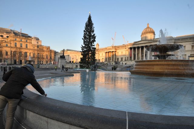 Ice forming in the fountains in Trafalgar Square, London (Victoria Jones/PA)