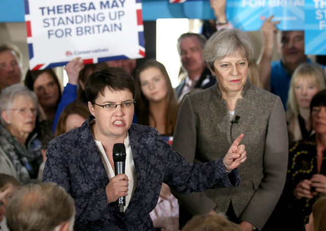 Ruth Davidson addresses an election rally as Theresa May looks on