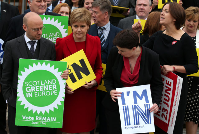 Scottish Green leader Patrick Harvie, SNP leader and First Minister Nicola Sturgeon, Scottish Conservative leader Ruth Davidson, and Scottish Labour leader Kezia Dugdale join Vote Remain MSPs at Holyrood in Edinburgh, during a pro-European Union rally.