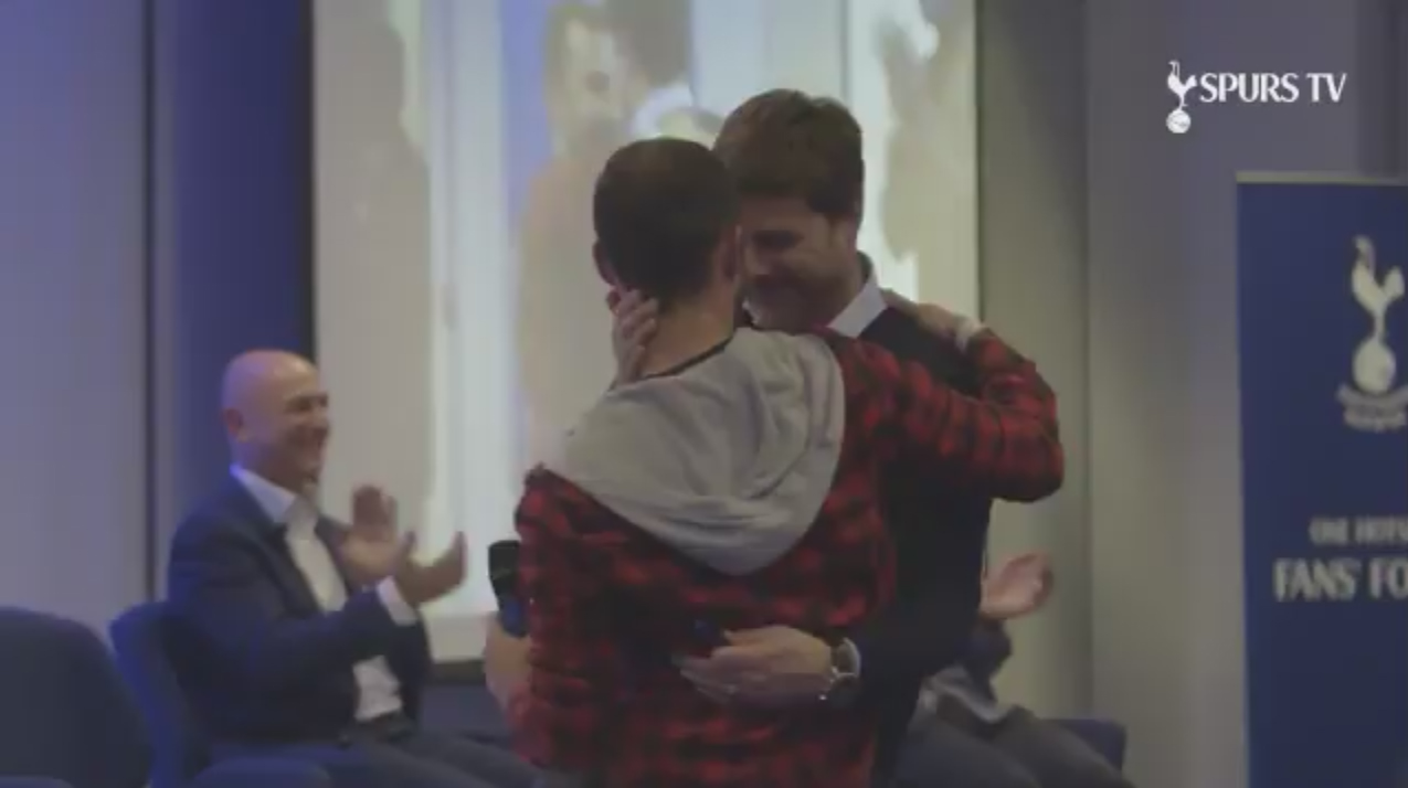Spurs fan Melvyn Xuereb gets a hug from manager Mauricio Pochettino (Spurs TV)