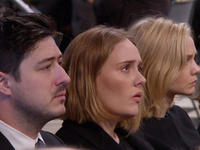 Adele was pictured between Marcus Mumford and Carey Mulligan (BBC/PA)