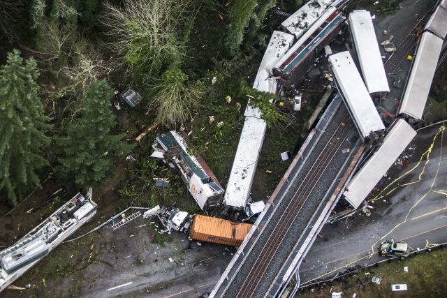 Carriages from the Amtrak train tseen from above (Bettina Hansen/The Seattle Times via AP)