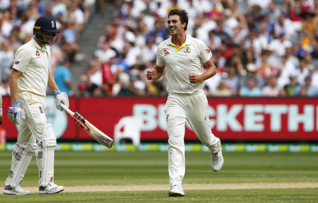 Pat Cummins celebrates after Chris Woakes gloves a bouncer behind