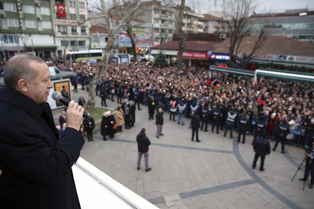 Turkey's president Recep Tayyip Erdogan addresses his supporters in Duzce on New Year's Eve (Yasin Bulbul/Pool Photo via AP)